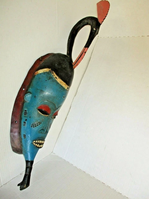 Colorful Mask Bird & Beard TURQUOIS Authentic Handcrafted Wood African Art RARE!