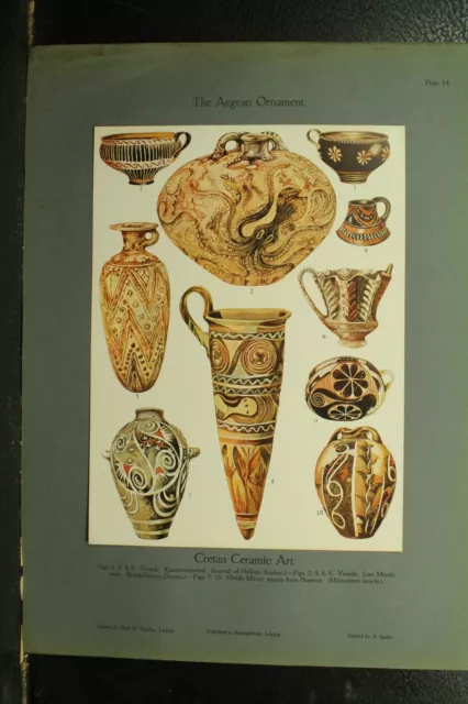 100+ year old antique vintage color print ancient  Aegean Ornament Cretan art