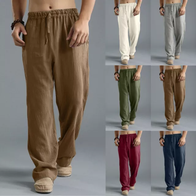 Men Cotton Linen Beach Pant Casual Drawstring Lightweight Baggy Hippie Pants