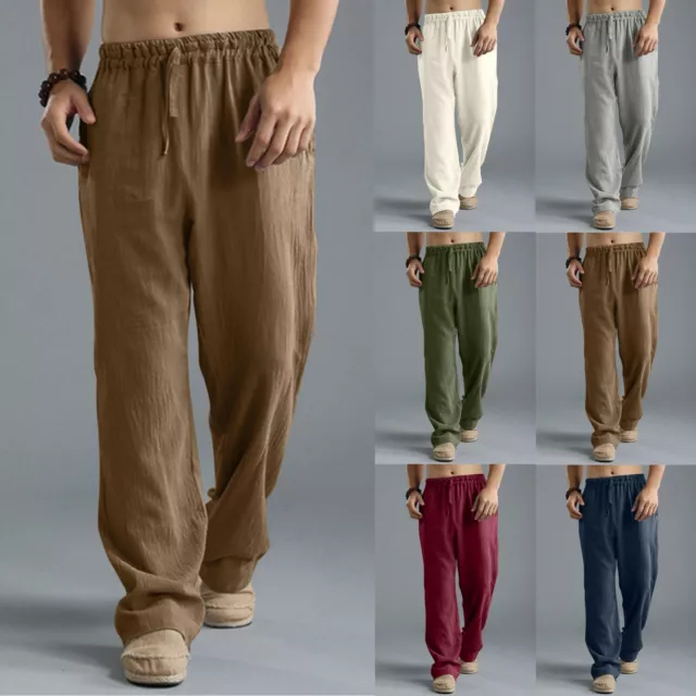 Men's Cotton Linen Beach Pant Casual Drawstring Lightweight Baggy Hippie Pants