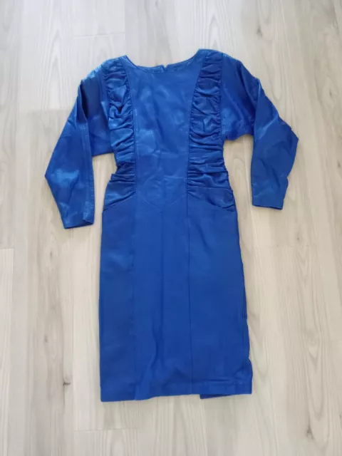 Michael Hoban North Beach Blue Leather Dress Size XS Vintage Pocket Rouche Glam 2