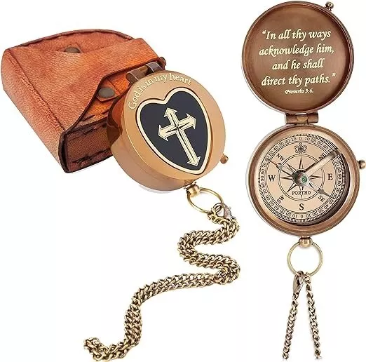 Brass Pocket GOD Compass with Leather Pouch Jesus sign Gifts Compass Engraved