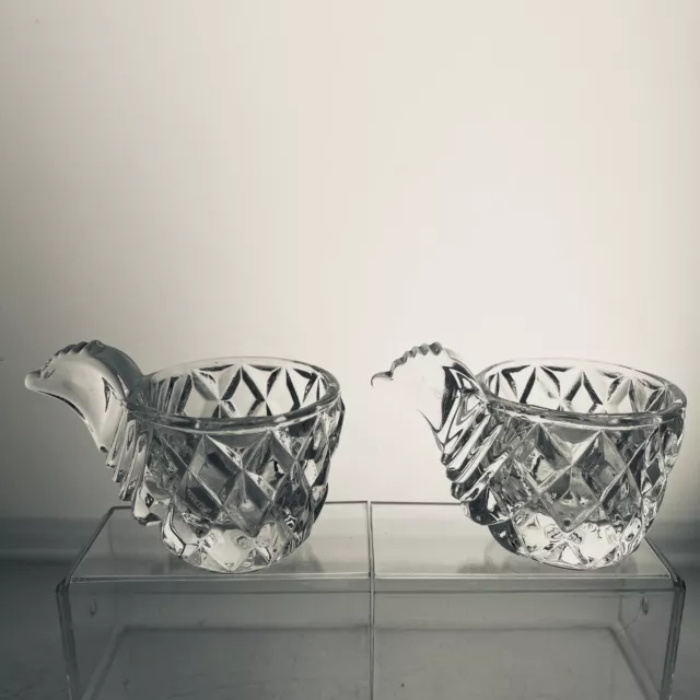 Vintage Cut Glass Egg Cup x2 Egg Cups Pair Chicken Diamond Pattern Round Clear