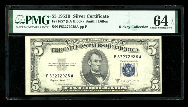 DBR 1953-B $5 Silver Fr. 1657 FA Block PMG 64 EPQ Serial F83272928A