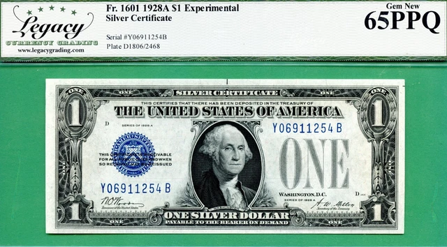 EXPERIMENTAL YB Block 1928A $1 SC - LEGACY GEM 65 PPQ - Fr 1601exp EXPERIMENTAL