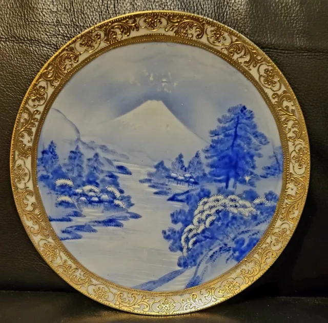 Antique Nippon Scenic Raised Gold Encrusted Blue And White Dessert Cabinet Plate