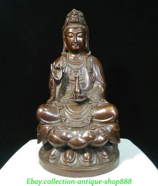 12" Old Chinese Purple Bronze Seat Lotus GuanYin Bodhisattva Buddha Vase Statue