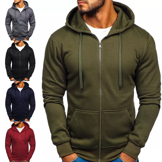 Uomo Fodera Pile Felpa con Cappuccio Manica Lunga Zip Tasca Inverno Caldo Giacca