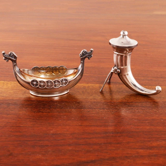 Theodor Olsens Eftf & Swedish Maker 925S Salt Pepper Shakers Viking Ship Horn