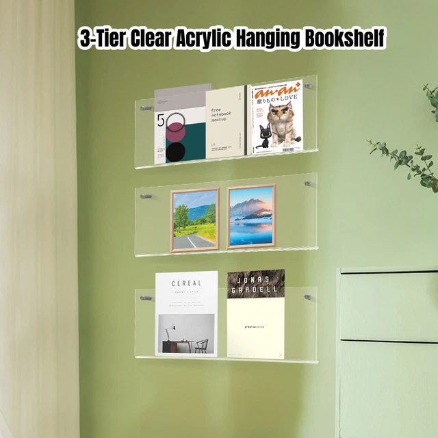 3 Tiers Transparent Clear Acrylic Hanging Bookshelf Brochure Holder Wall Mounted