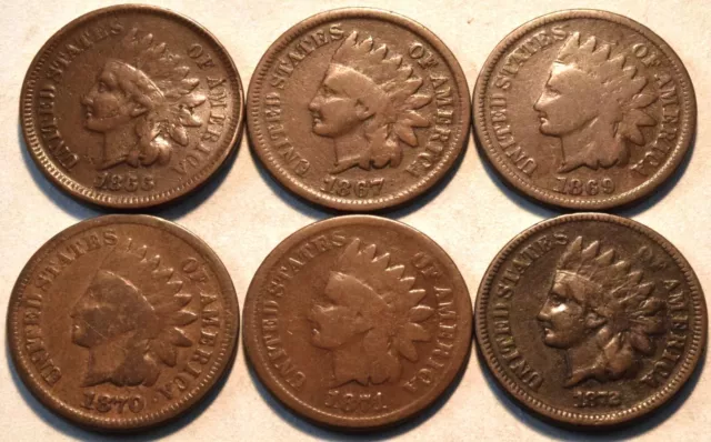 Lot (6) Better Date Indian Head Cents 1866 1867 1869 1870 1871 1872 Penny 1C