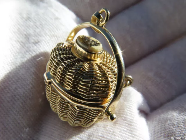 SOLID GOLD 14K PENDANT BASKET PILL BOX CHARM Vintage Scrimshaw Nantucket 8.5gr