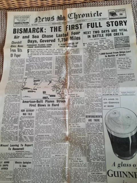 Very Interesting 1 Double page spread of News Paper, May 28th 1941- Reproduction