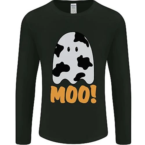 Moo Divertente Mucca Fantasma Halloween Inquietante da Uomo Manica Lunga T-Shirt