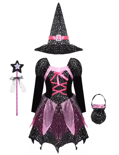 inhzoy Mädchen Hexenkostüm Halloween Fasching Kostüme Hexenkleid mit Hexenhut