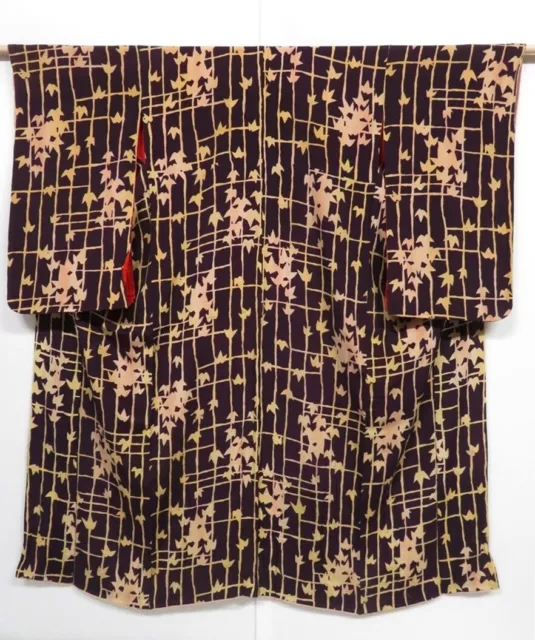 0524N04z510 Vintage Japanese Kimono Silk KOMON Dark grape Ivy