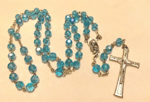 Cuentas de cristal azul mar rosario Virgen María centro marcado CC en crucifijo