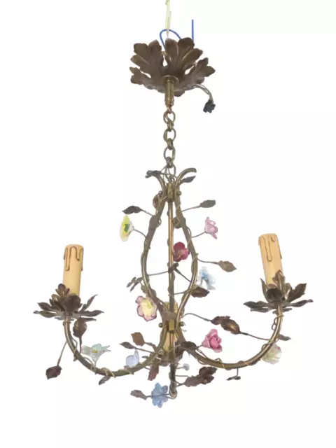 Gorgeous French Vintage brass Louis XVI Chandelier Porcelain Flower Foliage 1940