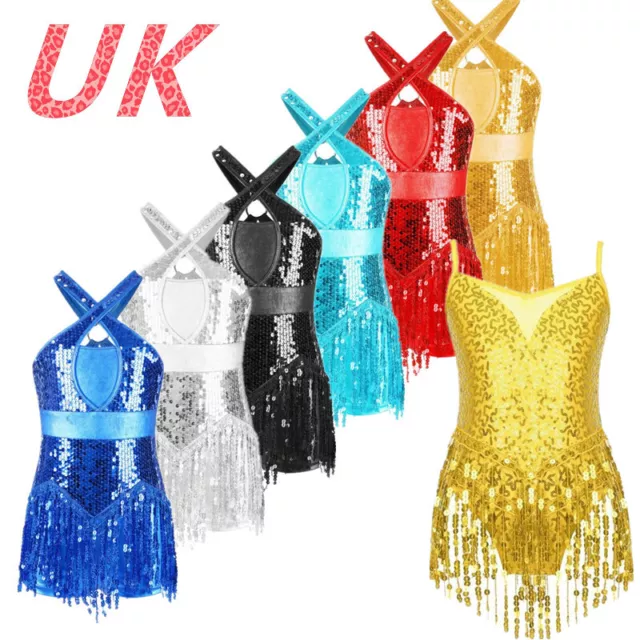 UK Girls Sequins Ballet Dance Dress Leotard Latin Jazz Chacha Ballroom Costume