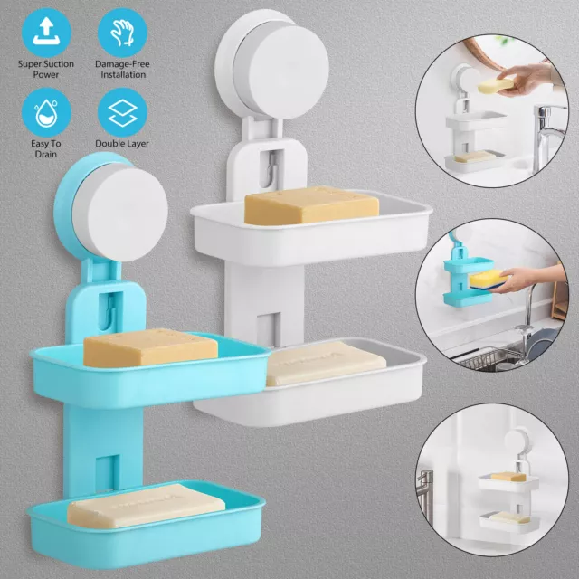 Wall Mounted Soap Holder Dish Rack Double Layer Shower Bathroom Kitchen Storage