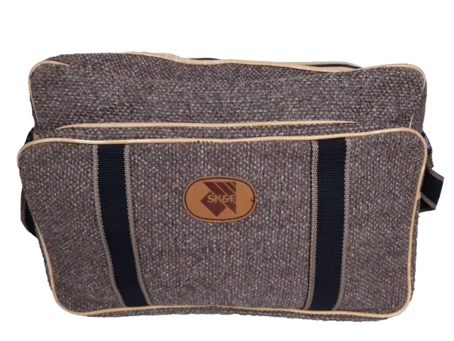 Vintage 1970s SK&F Brown Tweed Overnight Travel Bag 3 Section Shoulder Satchel