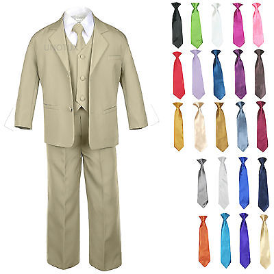 Kid Teen Formal Wedding Prom Tuxedo Boy Suit Khaki + Tie 6PC Set 14 Color 5-20