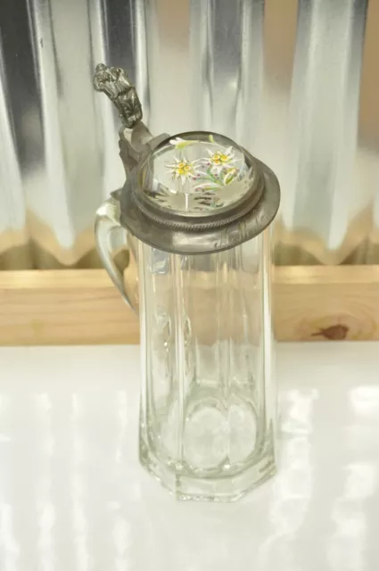 Antique Clear Glass 1L German stein Edelweiss Floral Inlaid Lid - Hand Made
