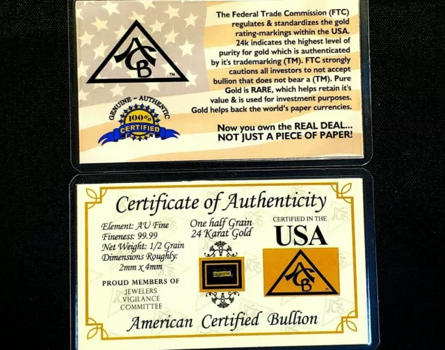 x2 ACB GOLD 1/2GRAIN 24K SOLID BULLION MINTED BAR 999 FINE CERT OF AUTHENTICITY~