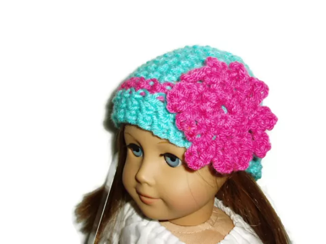 Aqua Crochet Beanie Hat with Pink Flower Fits American Girl 18" Doll Clothes