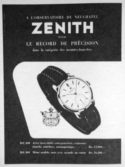 Publicité De Presse 1954 Zenith Montre Bracelet Le Record De Précision