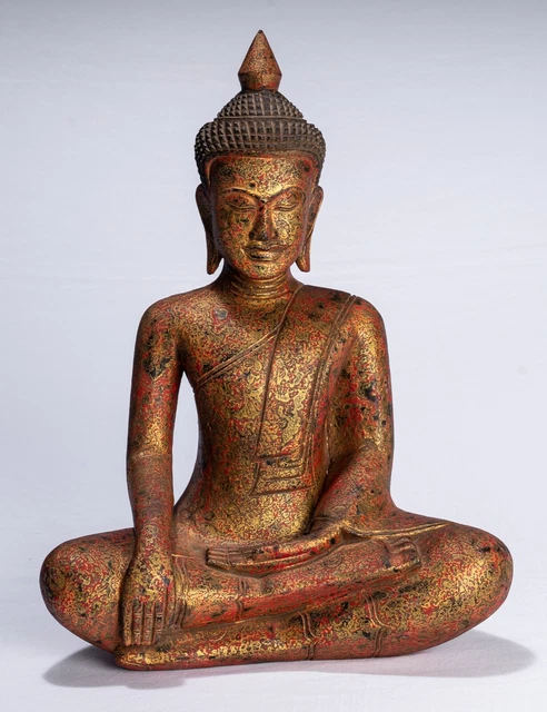 Antique Khmer Style SE Asia Seated Wood Enlightenment Buddha Statue - 45cm/18"