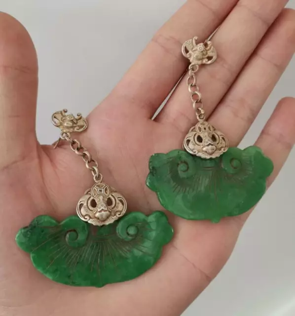 A Pair Chinese Antique Tibetan Silver Inlaid Natural Jade Earrings Lucky Jewelry