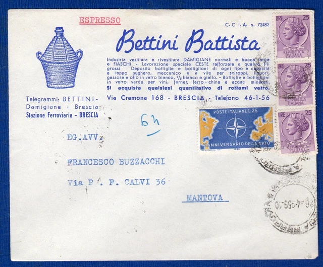 ITALY - B. ESP. AFF. with 3x25 L. SIR. + 25 L NATO from BRESCIA on 26-4-1959