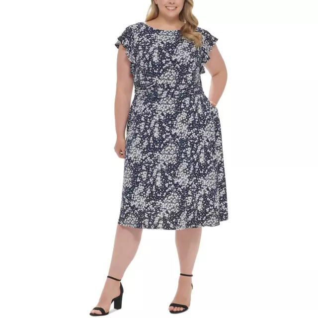 Jessica Howard Womens Navy Floral Print Fit & Flare Dress Plus 14W BHFO 7787