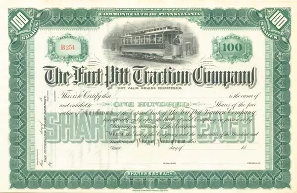 Fort Pitt Traction - Stock Certificate (Uncanceled) - Railroad Stocks