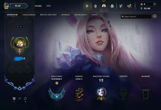 League of Legends LOL ACC ACCOUNT SMURF [EUW] Platin 2 KDA Ahri 80% WR 25K BE