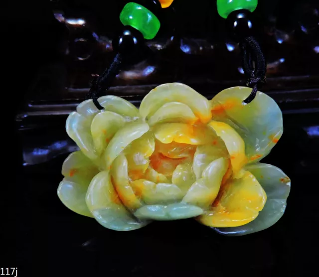 100% Natural Hand-carved Jade Pendant Jadeite Necklace peony flower 117j