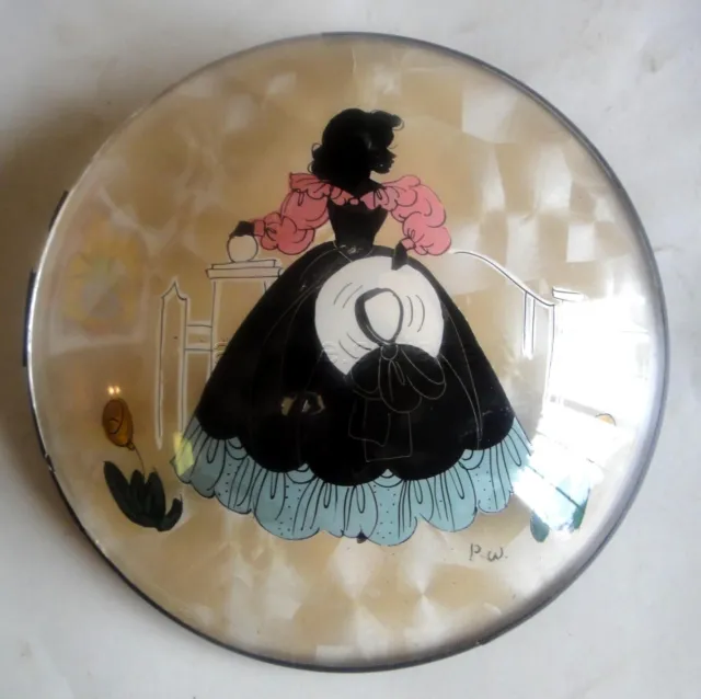 vintage BUBBLE CONVEX GLASS SILHOUETTE REVERSE PAINTED SOUTHERN BELLE signed