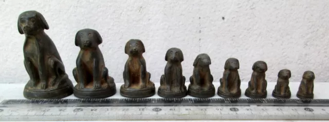 Superb Old Bronze Opium Weight Set 9 Dog Weights