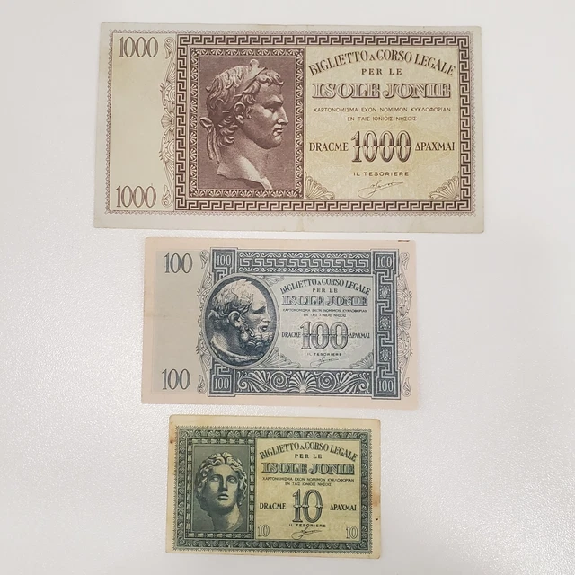 1000/100/10 Drachmai Isole Greece 1941 Lot (3) Banknotes