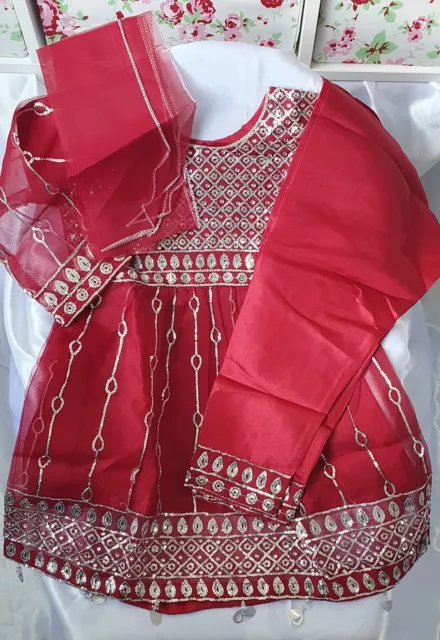 Girls Asian Indian Pakistani Fancy Eid Wedding Party Dress size 24 Red / Silver 2