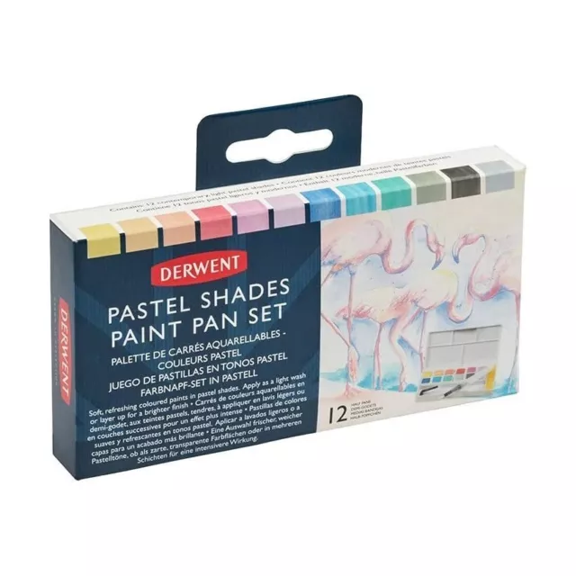 Derwent Pastel Shades Paint Pan Travel Set Palette 12 Colours + Waterbrush