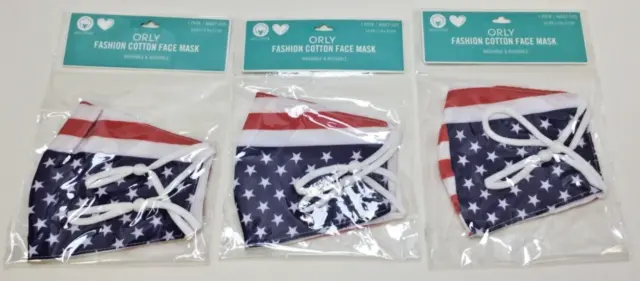 ORLY Fashion Cotton Face Mask, American Flag, Washable & Reusable, Adult, 3/LOT