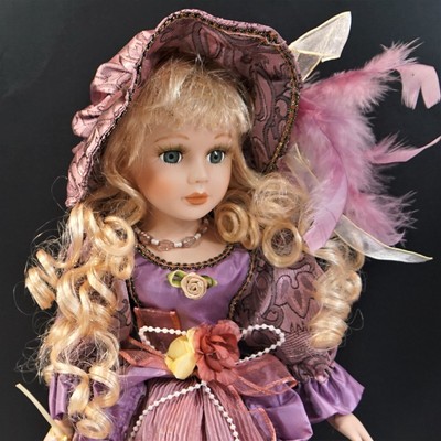 2004 Emerald Collection Porcelain Doll 16" Purple Madame Outfit With Stand