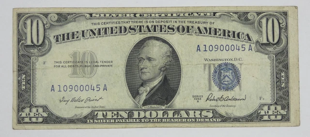 Series 1953-A $10 Blue Seal Silver Certificate Note FINE Fr#1707~ Problem Free
