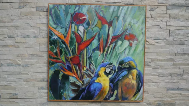 Superbe peinture au décors de perroquets