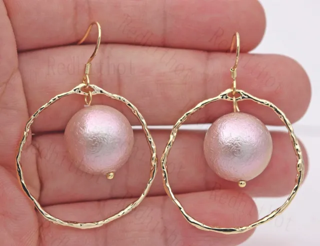 18K Gold Plated 1.7" Earring Oversize Hoop Hang Pink Pearl 925 Silver Hooks SW