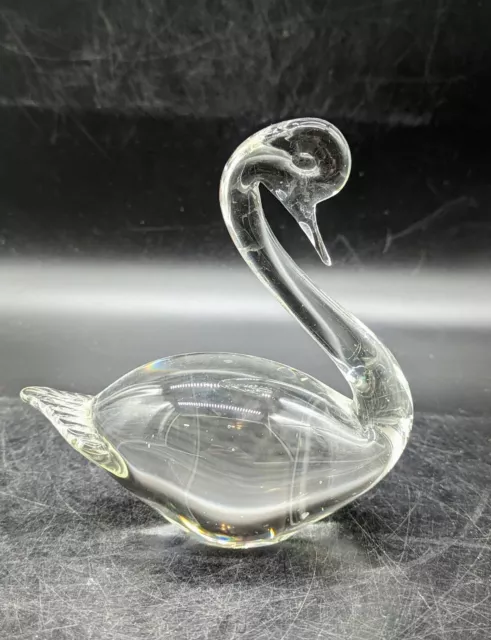 Vintage Swedish Clear Art Glass Swan Figurine Paperweight 5.5" Handmade Sweden