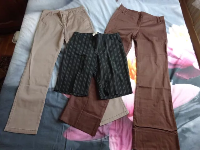 Lot bermuda noir rayure AXARA + 2 pantalons marron taupe LA CITY BENETTON 38 TBE