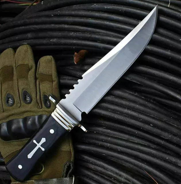 11" Tactical Fixed Blade Hunting Knife Full Tang Wood Black Handle W/ Sheath